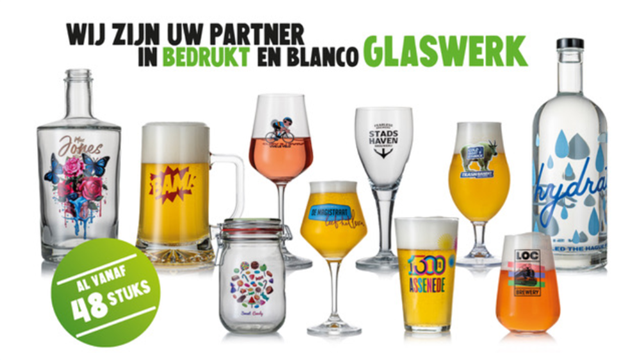 glazen flessen met bedrukking vanaf 48 stuks